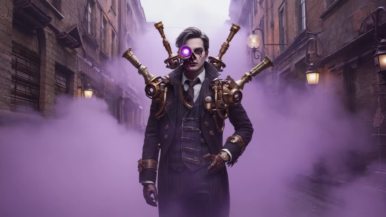 Steampunk Cyborg Man in a Misty Alley