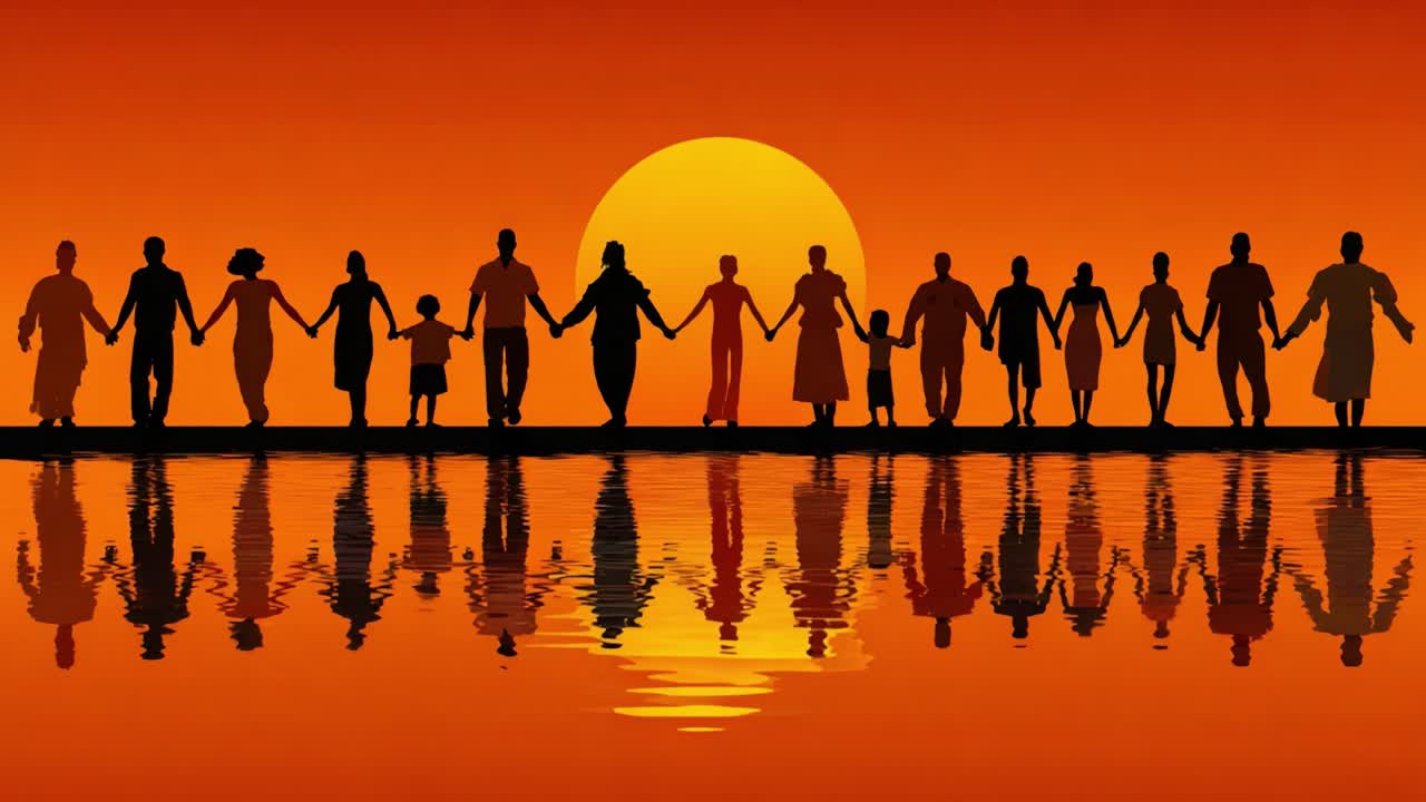 A Warm Sunset Gathering: Silhouettes of Unity and Togetherness Reflecting on Water Beneath an Orange Sky, Symbolizing Connection and Community