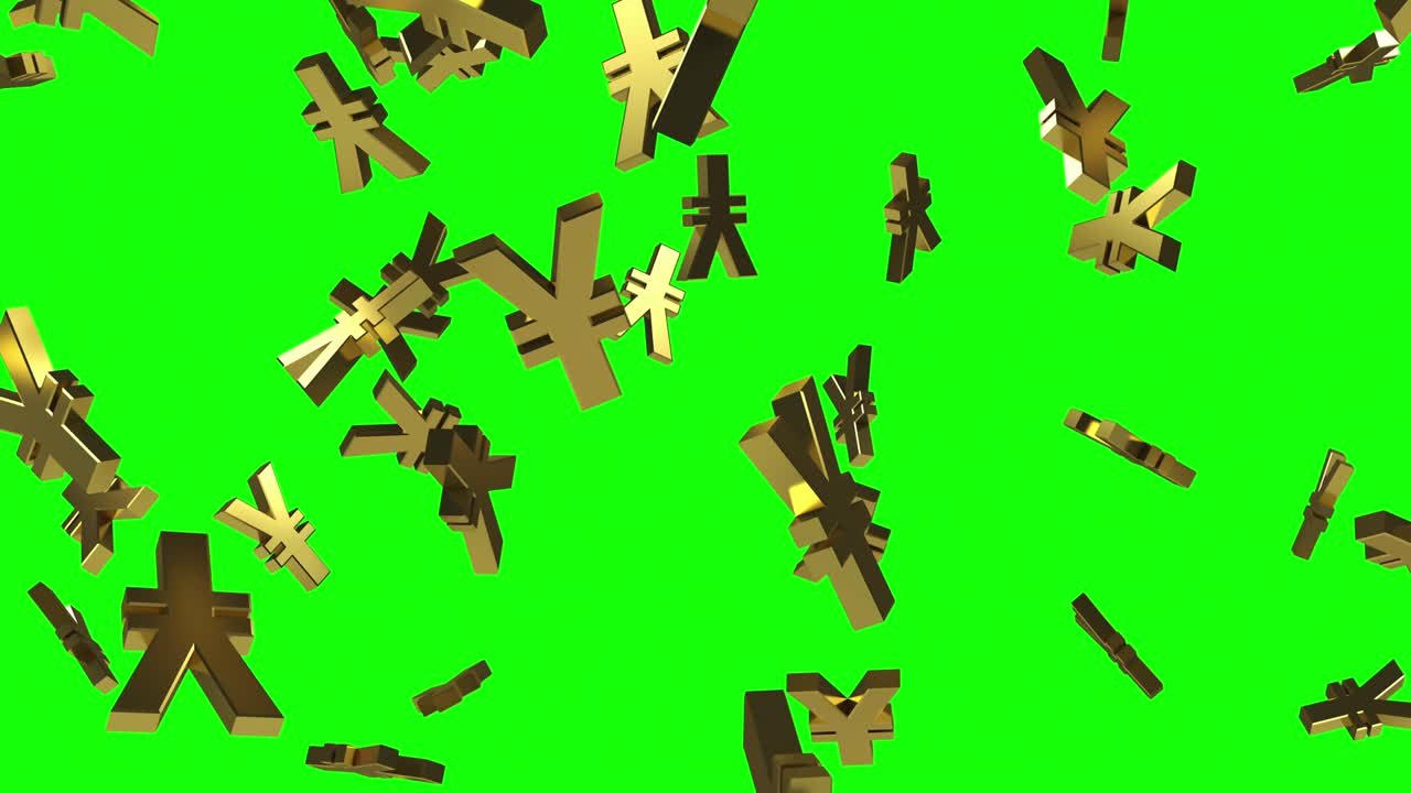 Falling gold Yen signs on a green background. 3D loop animation