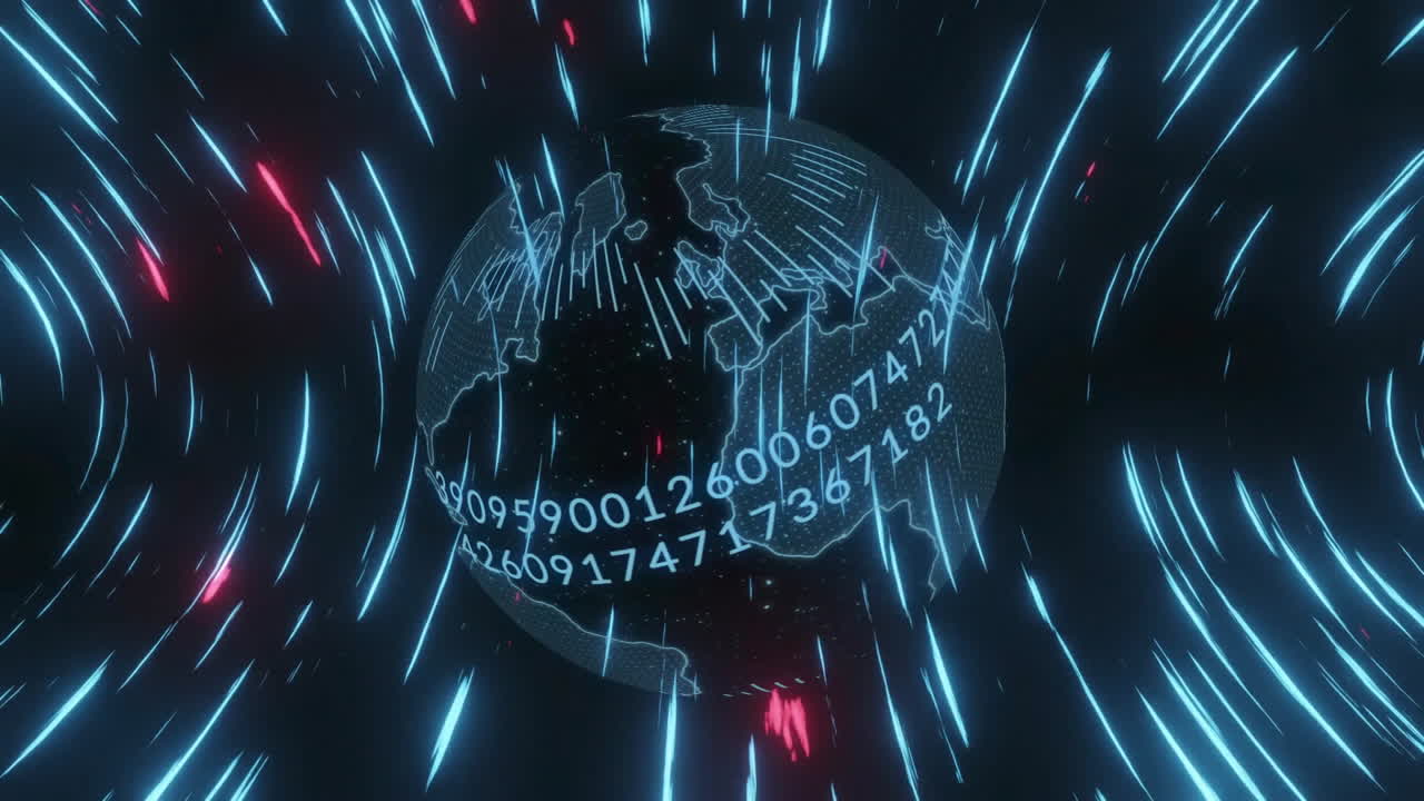 animación de globo con red de conexiones con codificación binaria en fondo oscuro