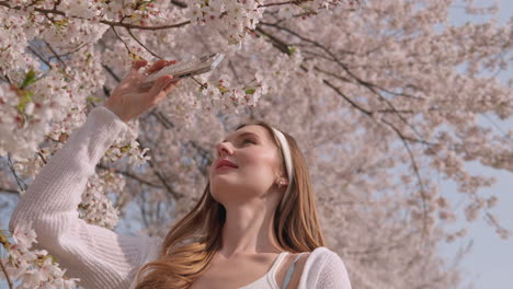 lady holding a mobile phone taking photos of blossom cherry flowers at yangjaitizen's forest park, seocho district, seoul city, south korea