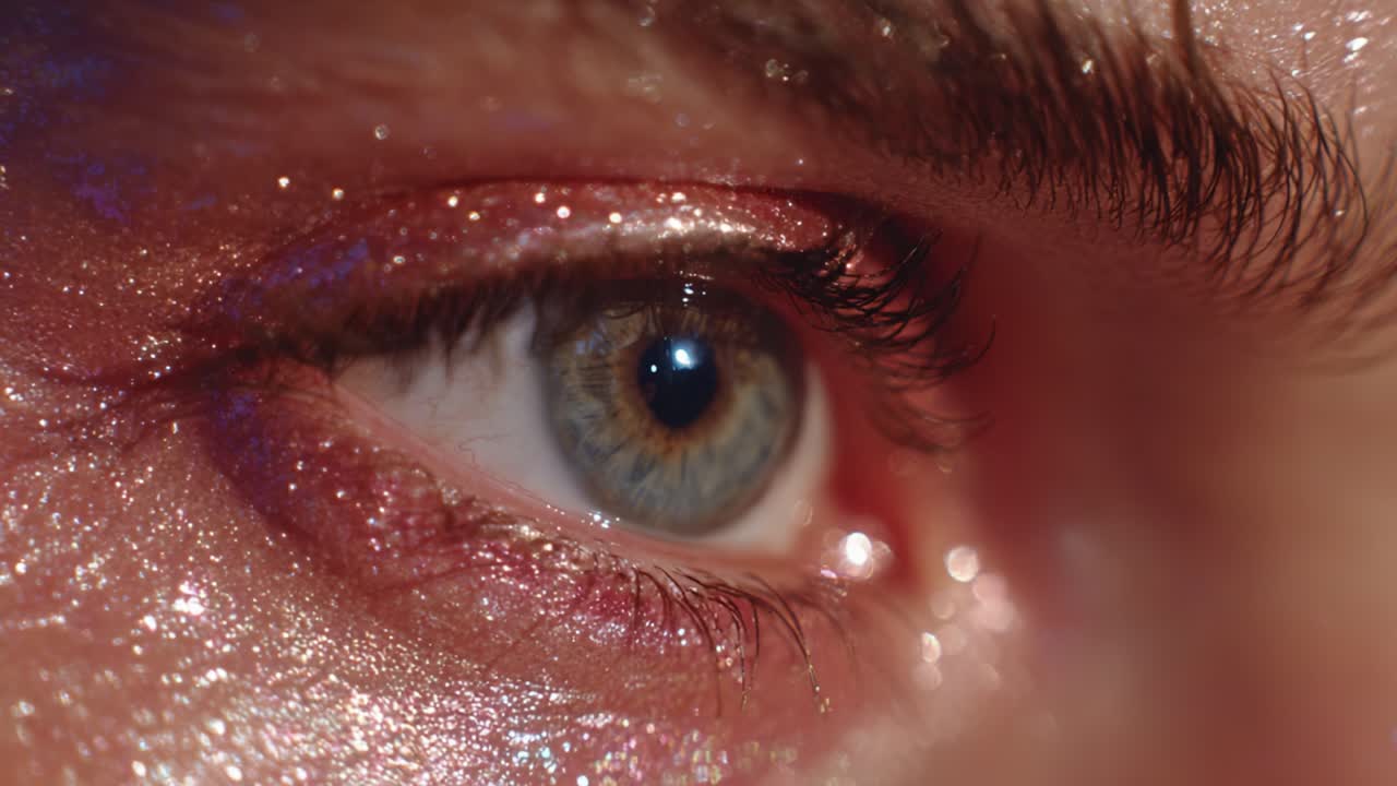 A Glimmering Close-Up of an Eye, Showcasing Sparkling Glitter Effects and Soft Textures, Capturing the Beauty and Intensity of Expression in Stunning Detail