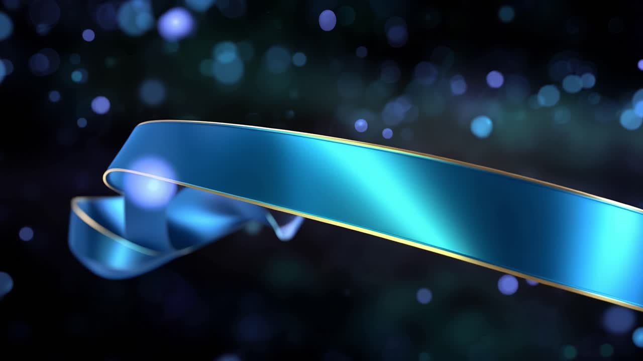 Abstract Flowing Blue Ribbon with Golden Edges and Bokeh Lights