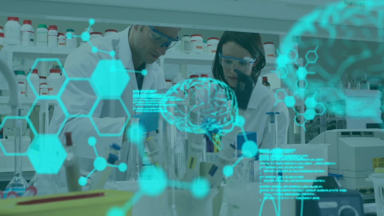 animación del procesamiento de datos sobre científicos caucásicos que toman muestras en el laboratorio