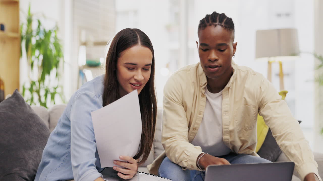 Laptop, couple talking and documents for finance