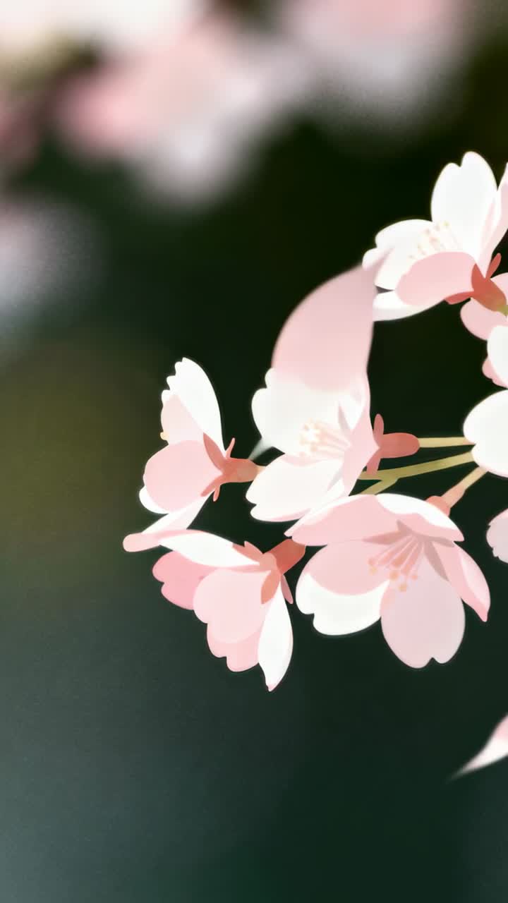 Video verticale: Grappolo di fiori di ciliegio che ondeggia in primo piano, petali che fluttuano verso sinistra, spazio per il testo.