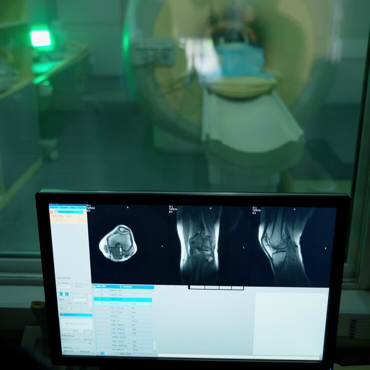 Monitor with x-ray photo in medical control room. Doctor looking at computer screen while patient in MRI machine in hospital.