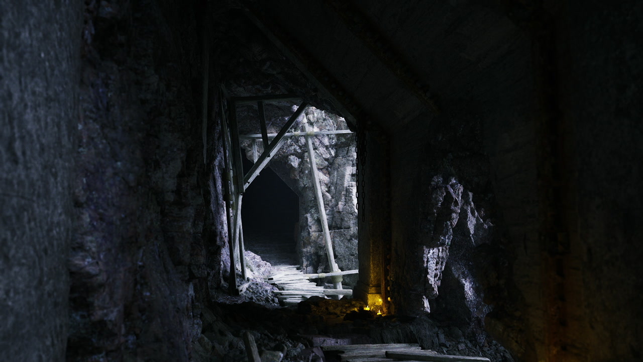 Icy tunnel gateway surrounded by frostladen timbers and lantern shine