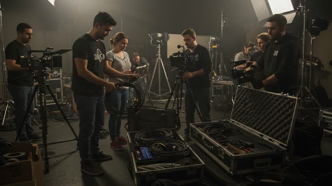 A Behind-the-Scenes Look at Film Crews Organizing Equipment and Setting Up for a Production in a Studio with Multiple Cameras and Lighting Gear