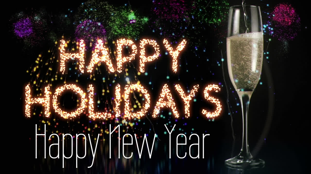 Animation of happy new year text with fireworks exploding and glass of champagne