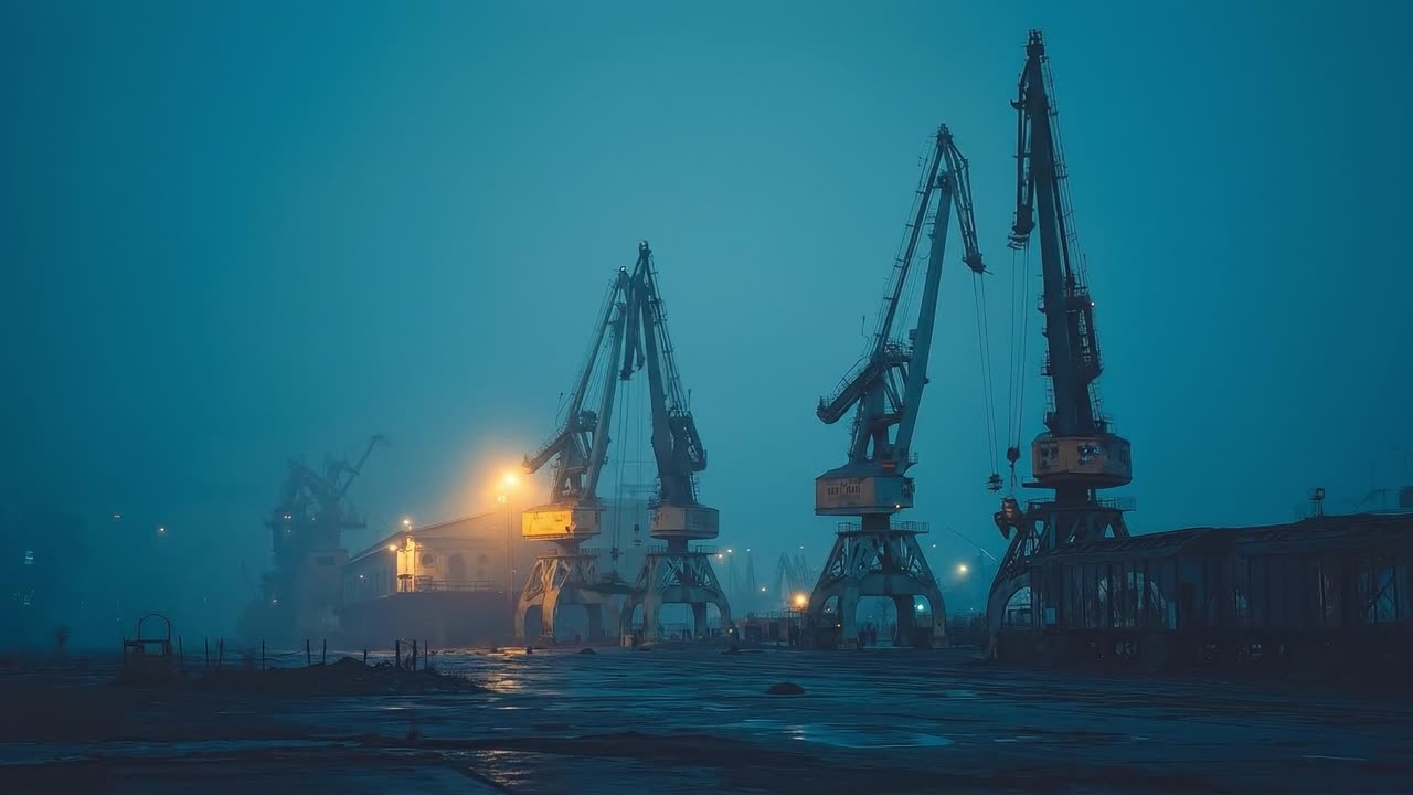 A group of cranes sitting on top of a dock at night