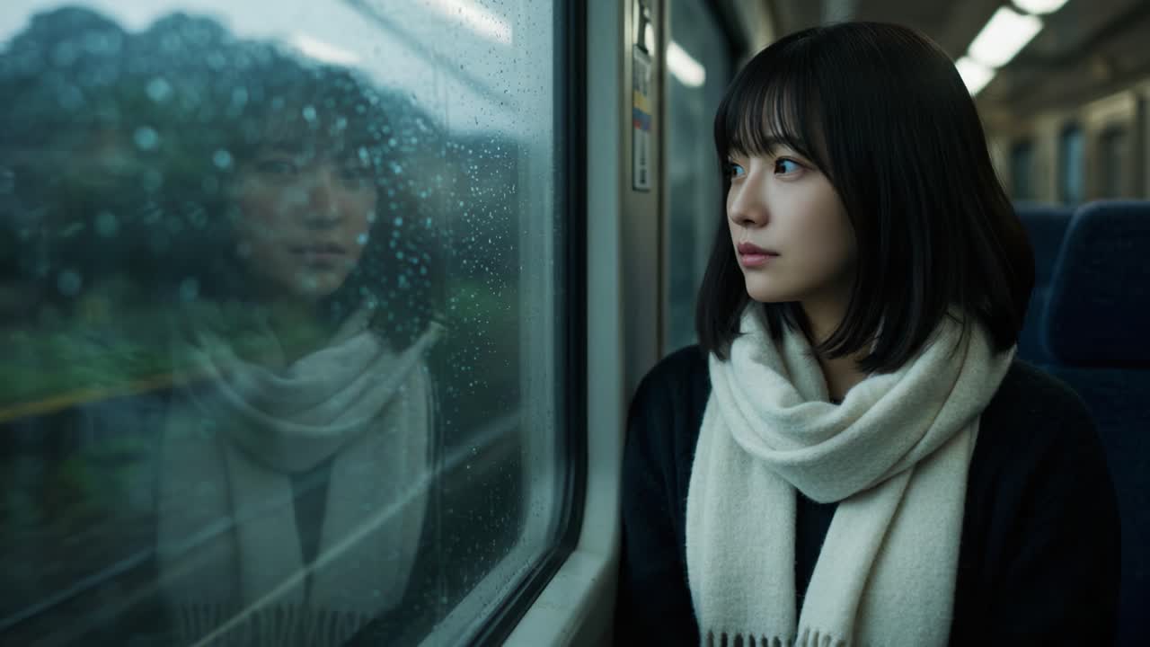Pensive woman looking out of a rainy train window
