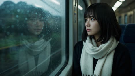 pensive woman looking out of a rainy train window
