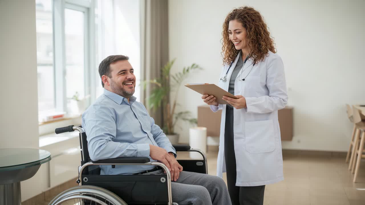 Looking Dr in lab coat reading clipboard and talking to wheelchair man for clinic exam stethoscope