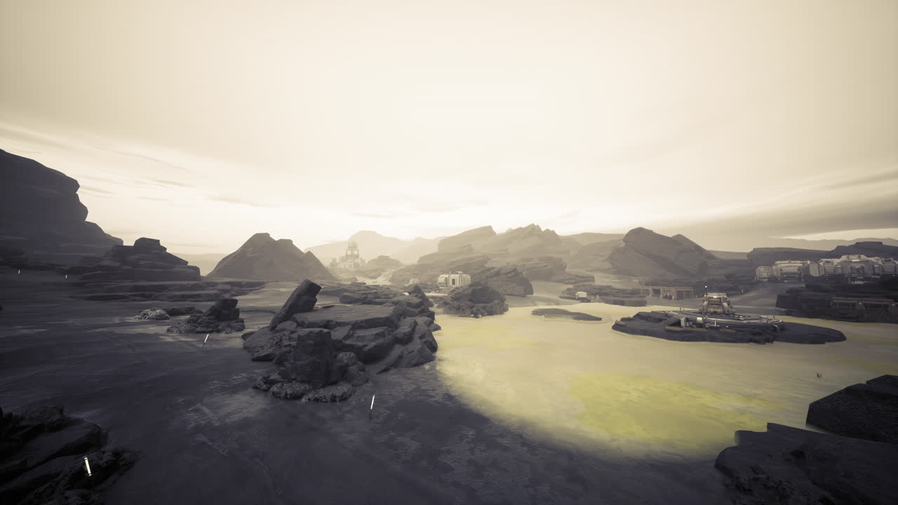 Vintage aerial shot of rugged mountain coast and tranquil water