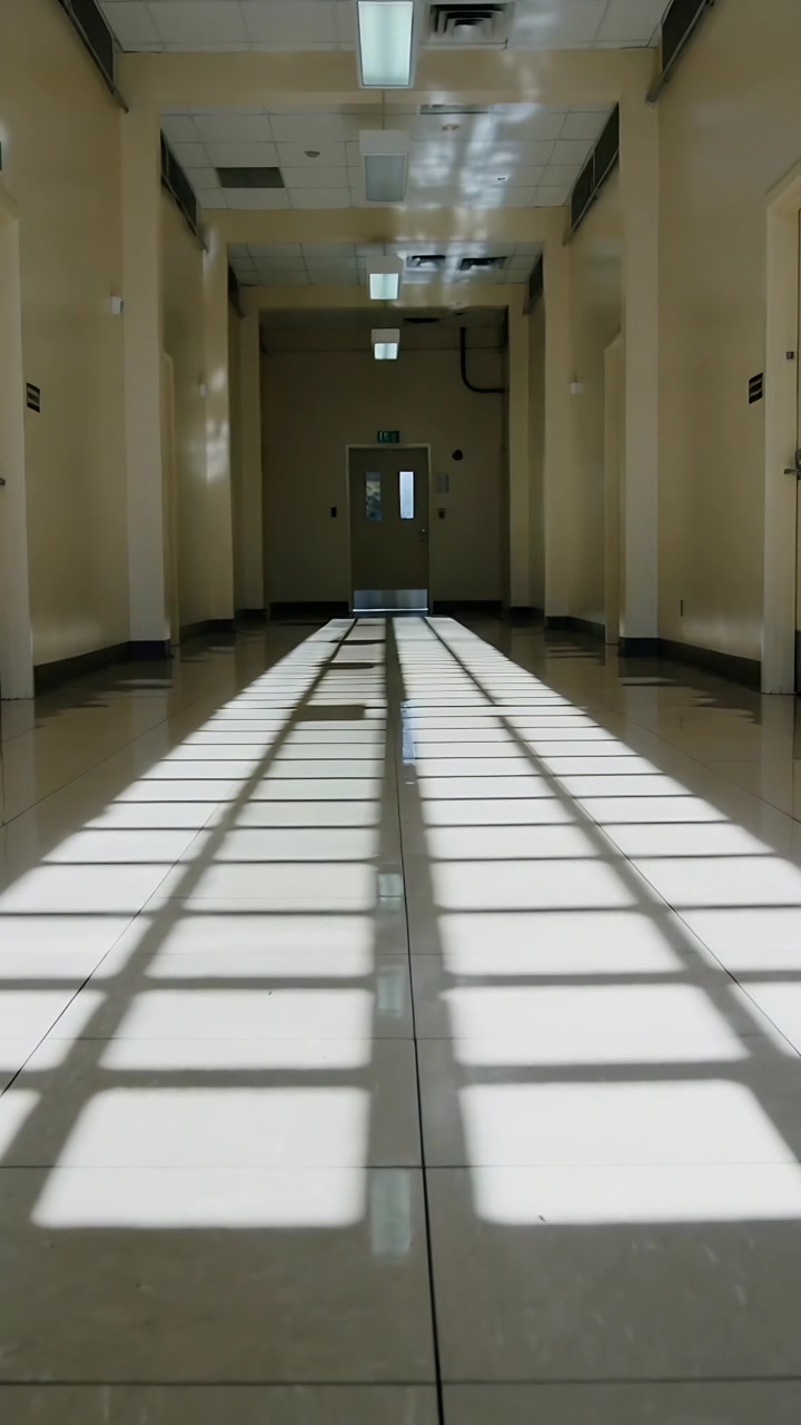 Video verticale: Luce solare che proietta da sinistra formando una griglia sul pavimento nel corridoio dell'ufficio, mostrando la porta di uscita.