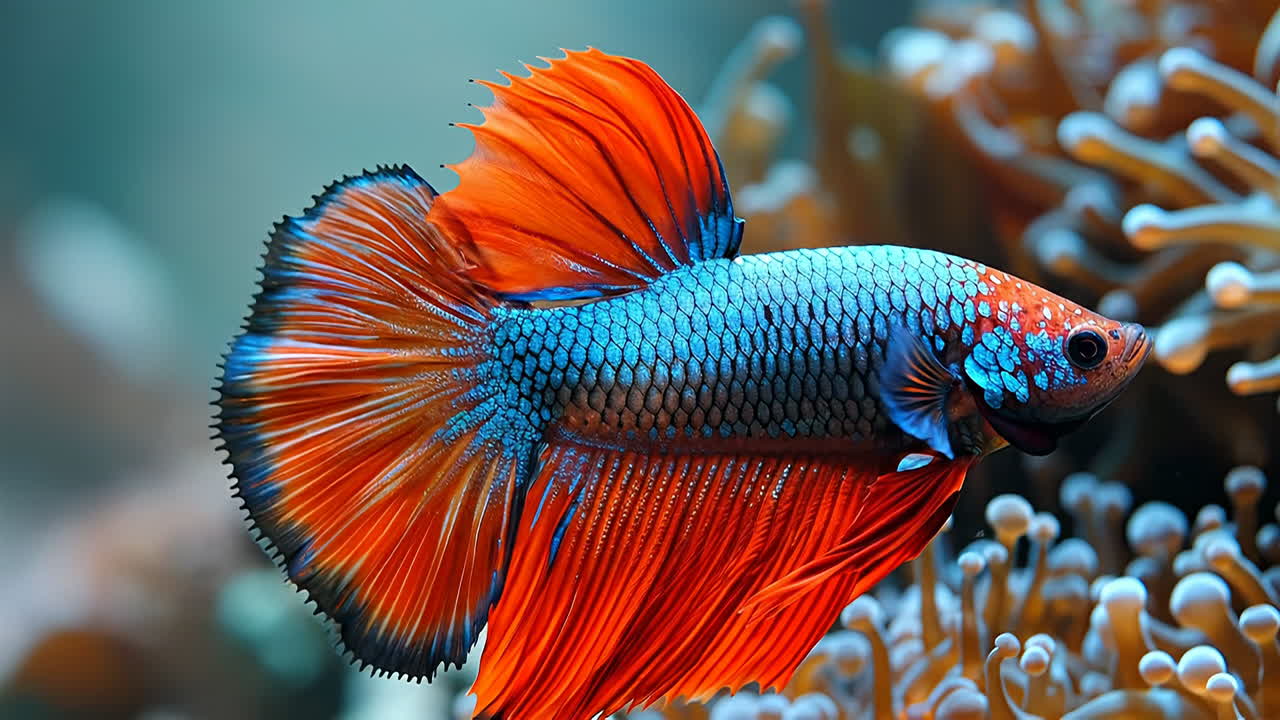 Um peixe betta colorido nada em um recife de coral. Um peixe betta nada entre corais em um aquário. O peixe exibe cores vibrantes e nadadeiras elegantes em água cristalina.