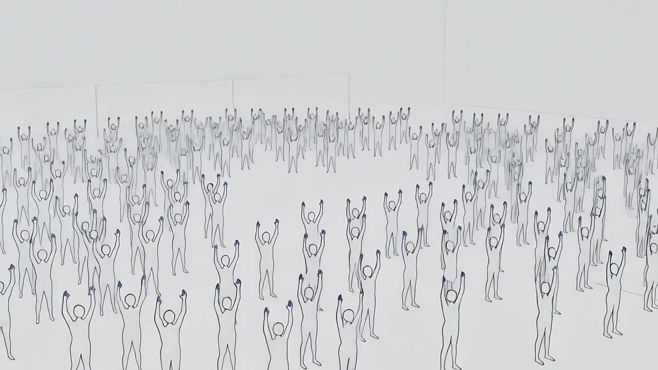 カメラがズームインし、淡い平面上に集められた線描きの群衆を映し出す。ガイドラインと経路が示されている。