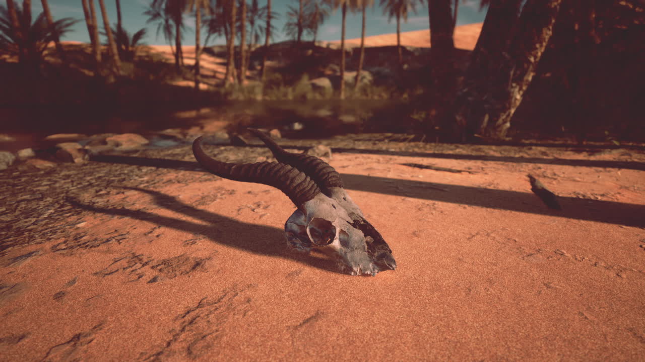 외로운 동물의 두개골이 사막 오아시스의 모래에 누워 있습니다.