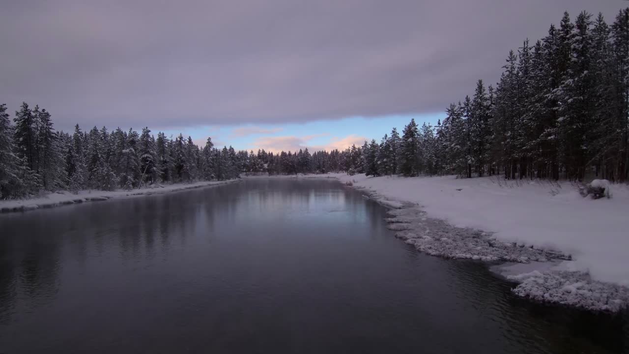 bajo volando sobre un río en idaho durante el invierno