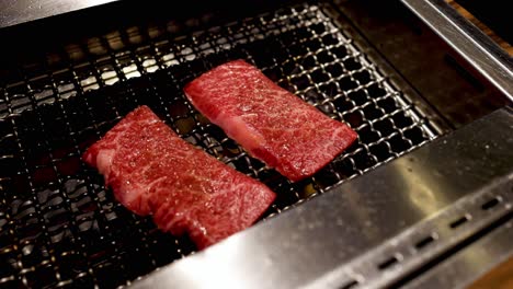 steak pieces grilling on a wire rack