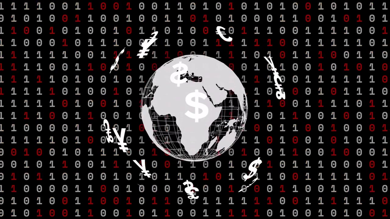 On start globe rotating, tilting while currency symbols orbiting clockwise to show global finance