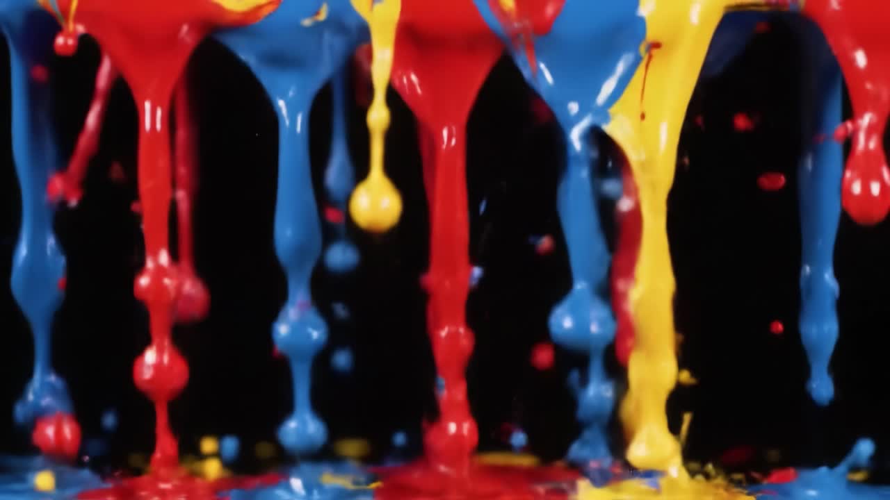 Vibrant Paint Drips Create a Colorful Splash, Showcasing the Beauty of Fluid Dynamics and the Interaction Between Vivid Hues Against a Dark Background