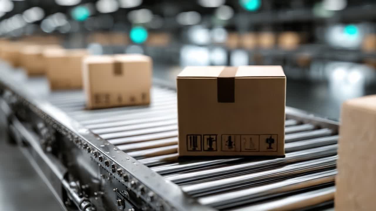 Efficient Logistics: Boxes on a Conveyor Belt in a Modern Distribution Warehouse, Highlighting Automation, Order Fulfillment, and Streamlined Packaging Processes