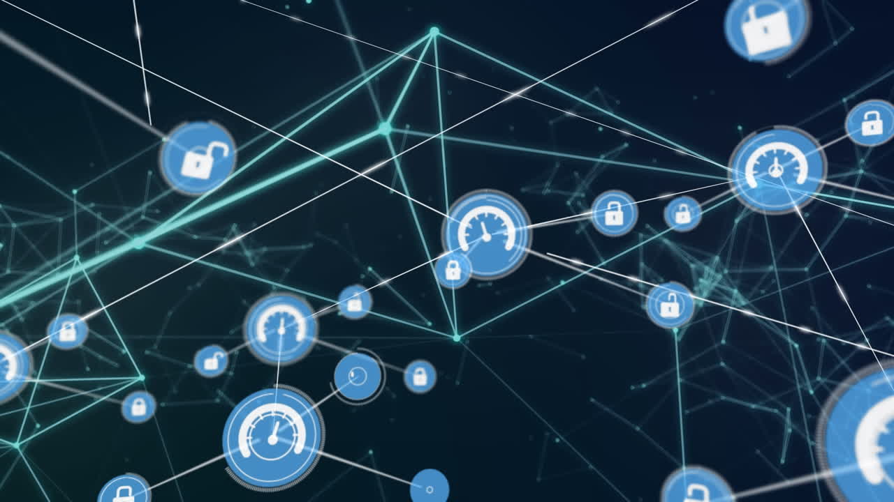 Animation of network of connections with icons over dark blue background