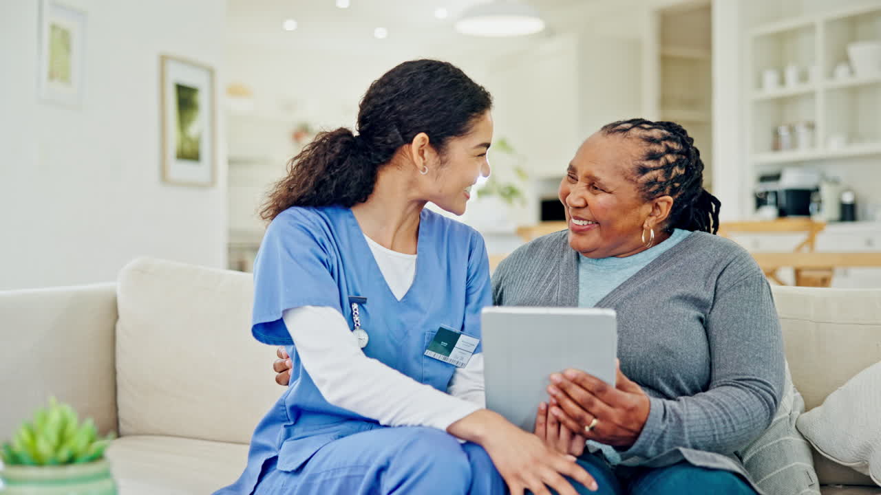 Tablet, mature patient and happy woman