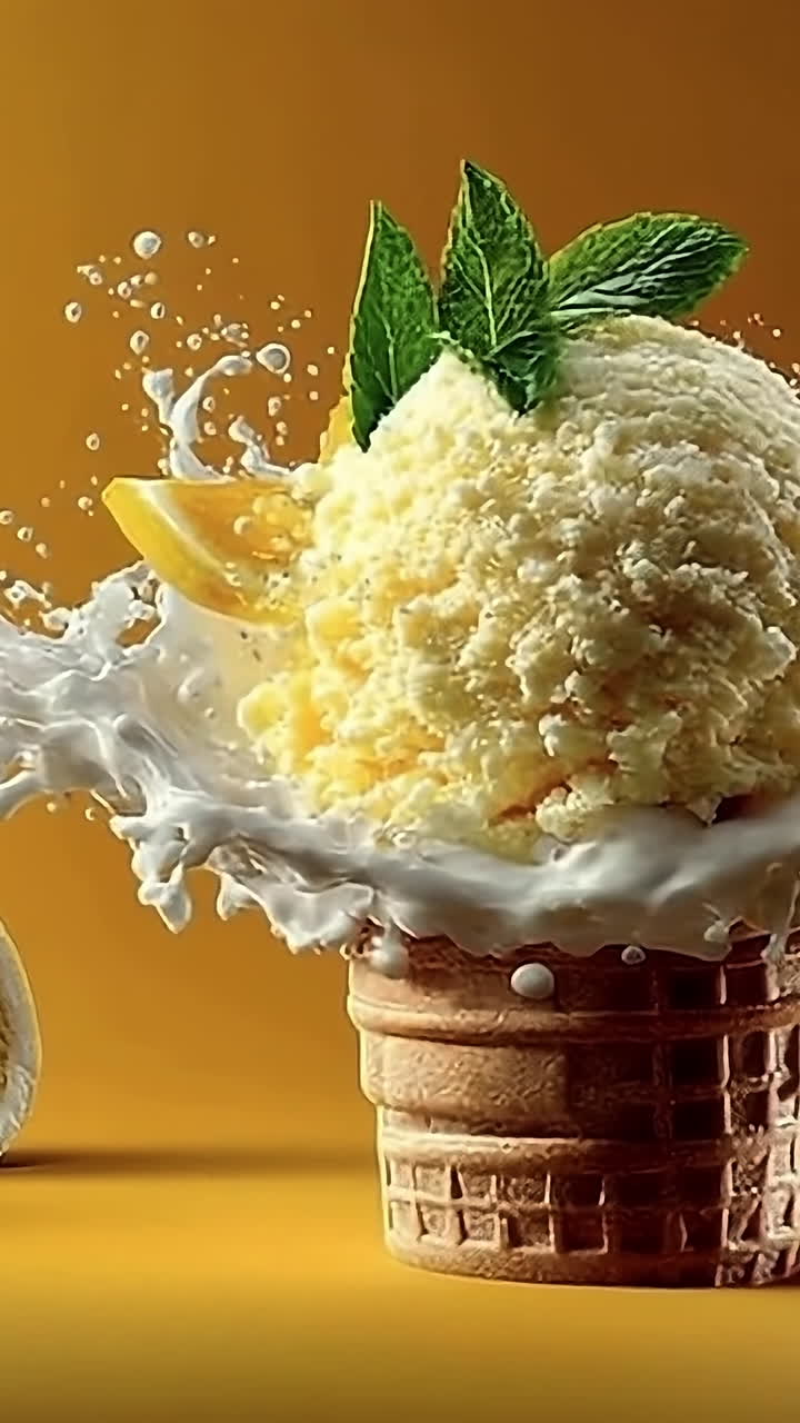 Citrus lemon sorbet splash. A scoop of lemon sorbet bursts through creamy milk, surrounded by fresh lemons and limes on a vibrant background.