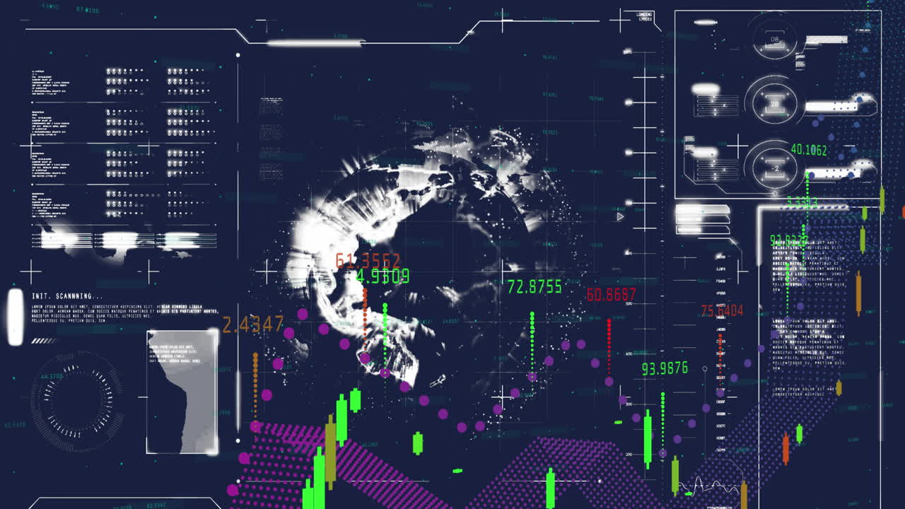 Animation of interface with financial data processing over spinning globe against blue background