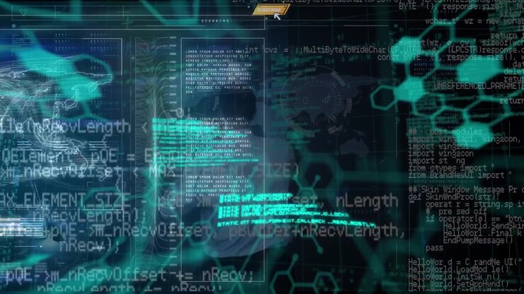 Chemical structures and data processing over rear view of businesswoman touching futuristic screen