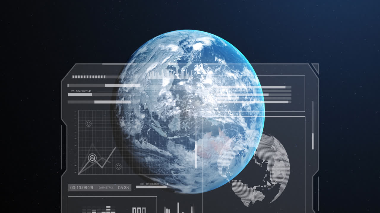 Animation of data processing on screen over earth globe on blue background