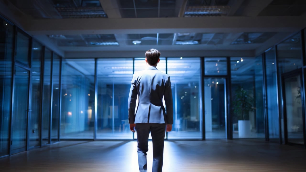 A Businessman Walks Alone Through a Modern, Empty Office Space at Night, Conveying a Sense of Isolation and Reflection in a Sophisticated Environment