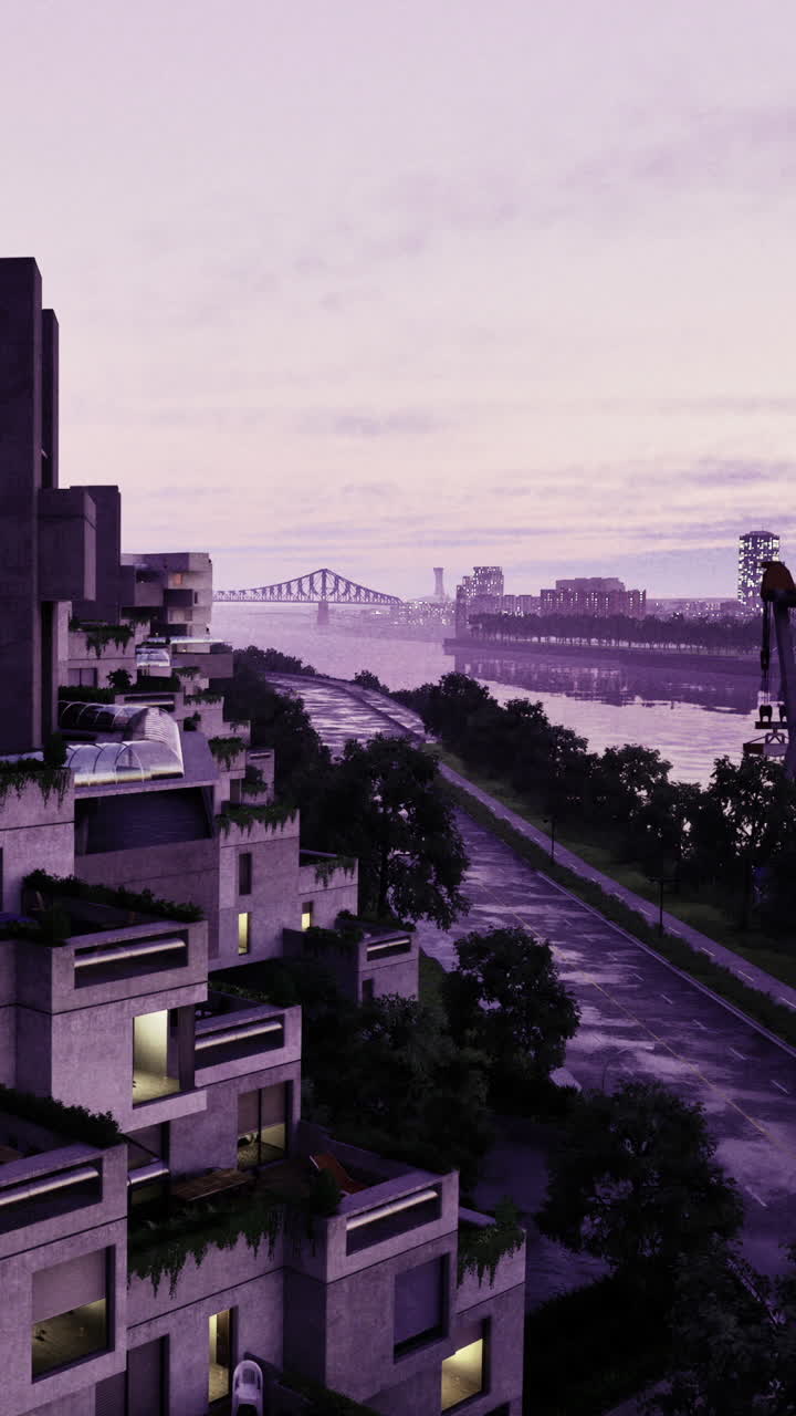 Deslumbrante horizonte noturno capturado ao longo da orla marítima com arquitetura moderna.