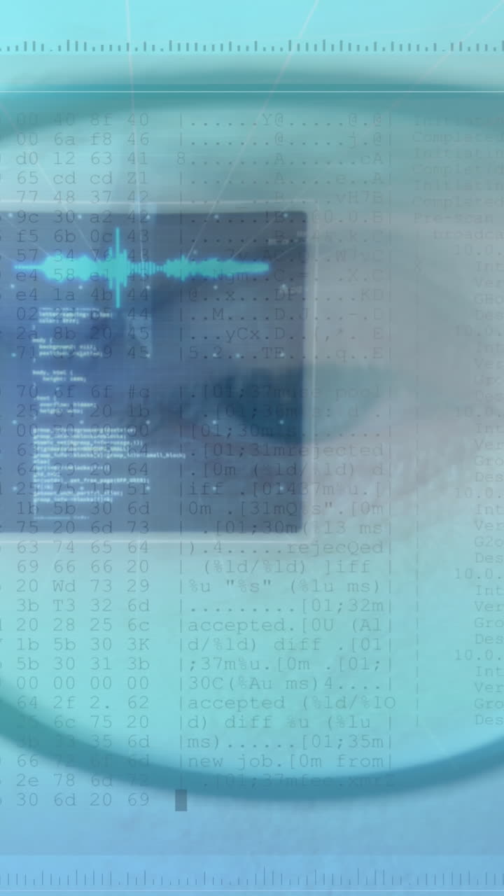 animación del procesamiento de datos sobre el ojo azul y las gafas del hombre