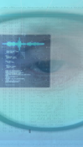 animation of data processing over man's blue eye and glasses