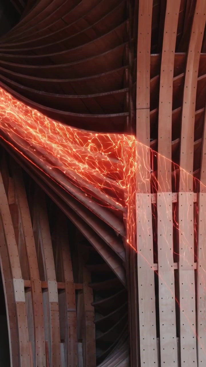 Video verticale: Un sottile bagliore rosso inizia a muoversi attraverso le nervature verso un pannello a doghe all'interno per mostrare la forma