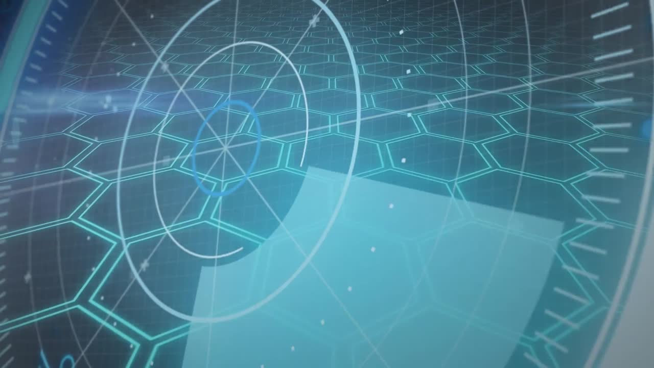 animación del radar sobre una pantalla digital con hexágonos