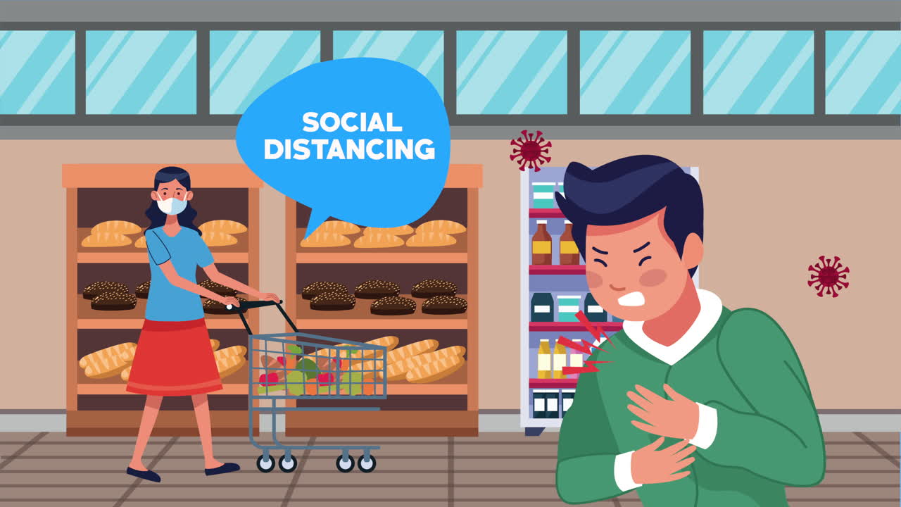 슈퍼마켓의 여성 고객과 남성과 함께 사회적 거리 두기 캠페인