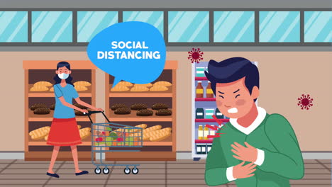 campaña de distanciamiento social con clientes femeninas del supermercado y hombres enfermos