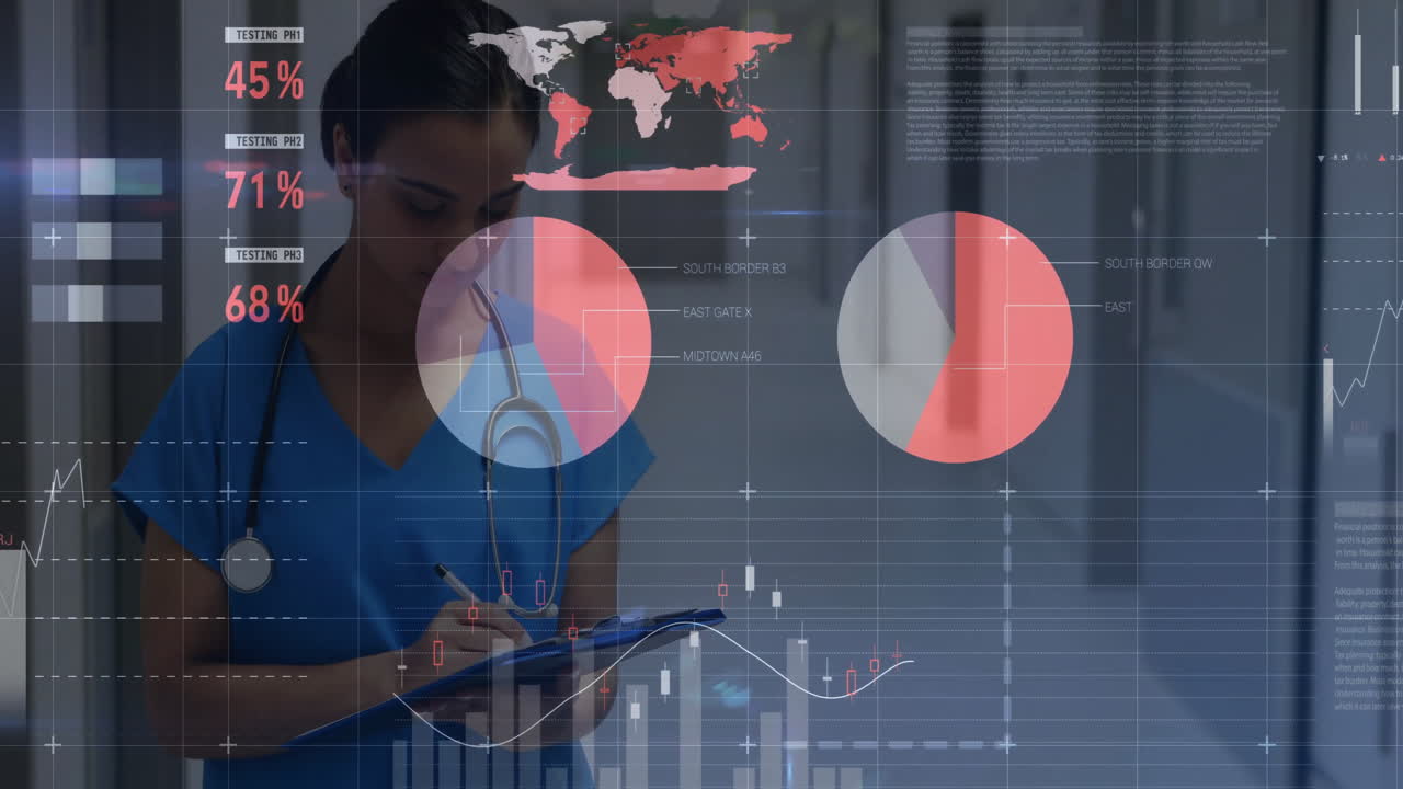 Woman nurse writing notes in hospital corridor, showing digital overlay with world map pie charts