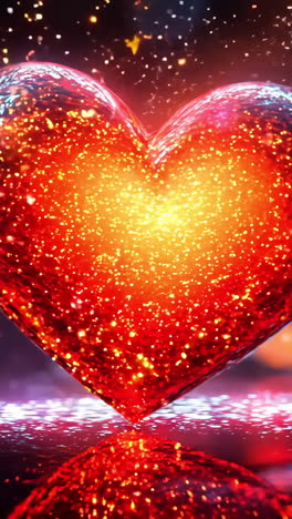 A heart made of glass is lit up and surrounded by a blurry background. The heart is red and he is glowing