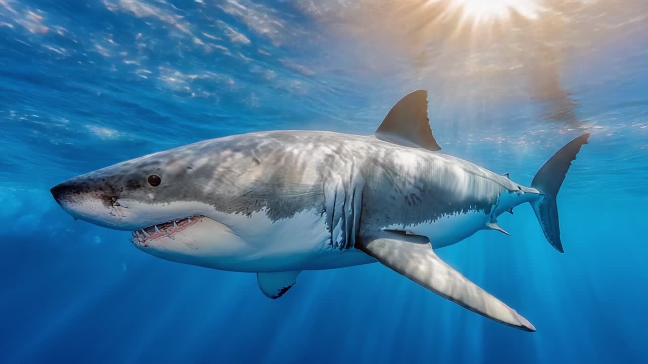 Majestic Great White Shark Gliding Through Crystal Clear Ocean Waters Under a Radiant Sun, Capturing the Beauty and Power of Marine Life in Stunning Detail