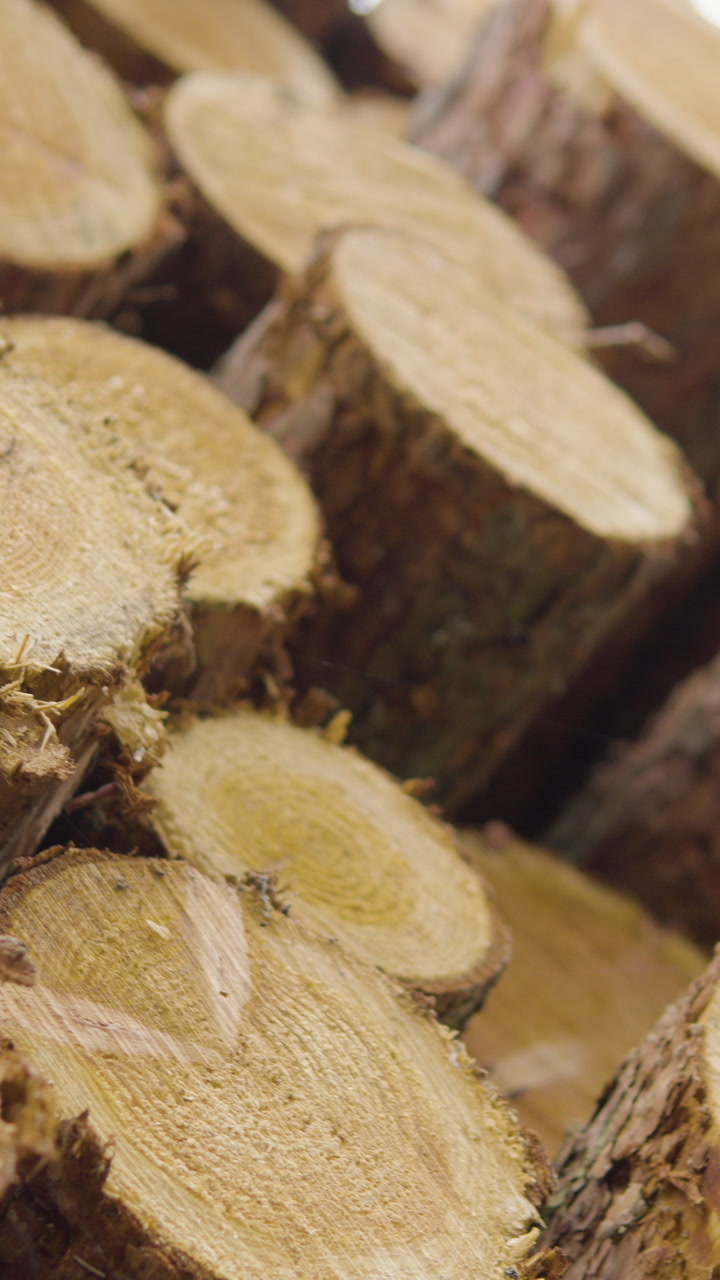 Macro vertical shot of freshly cut pine tree logs stacked in a pile. Ideal for forestry, timber industry, and environmental sustainability content.