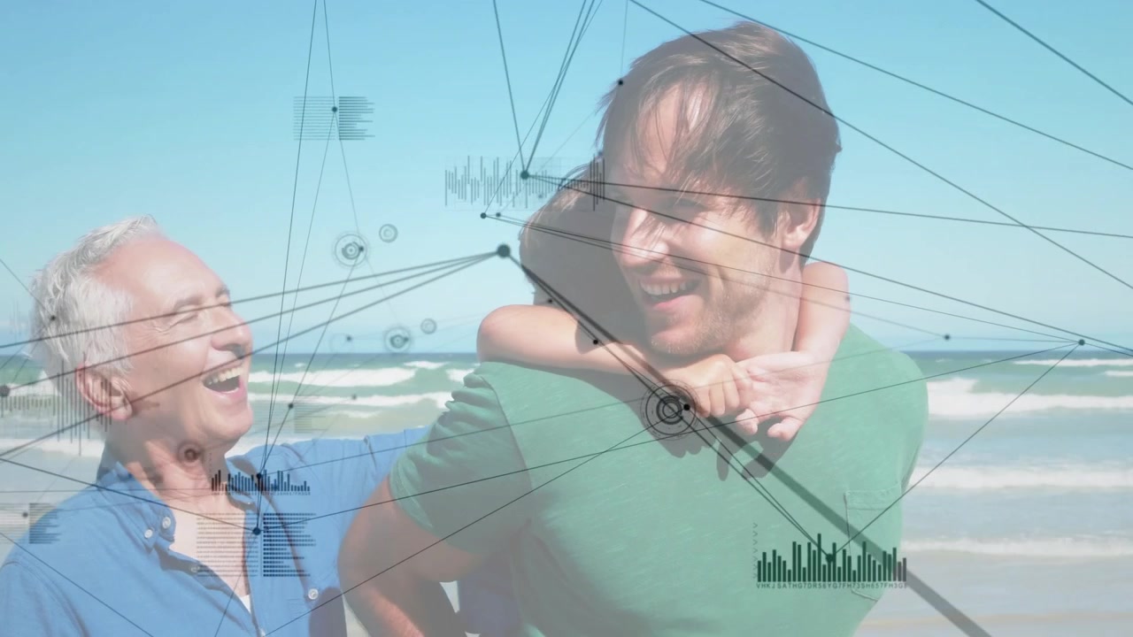 Senior reaching, adult turning with piggyback child, tech HUD overlay aligning faces, showing bond