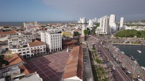 Torre-del-Reloj-historic-center-of-Cartagena-in-Colombia,-entrance-of-the-fortified-city,-aerial