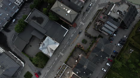 Birdseye-Aerial-View-of-Chamonix-France-Downtown-Streets-and-Buildings-in-Twilight,-High-Angle-Drone-Shot