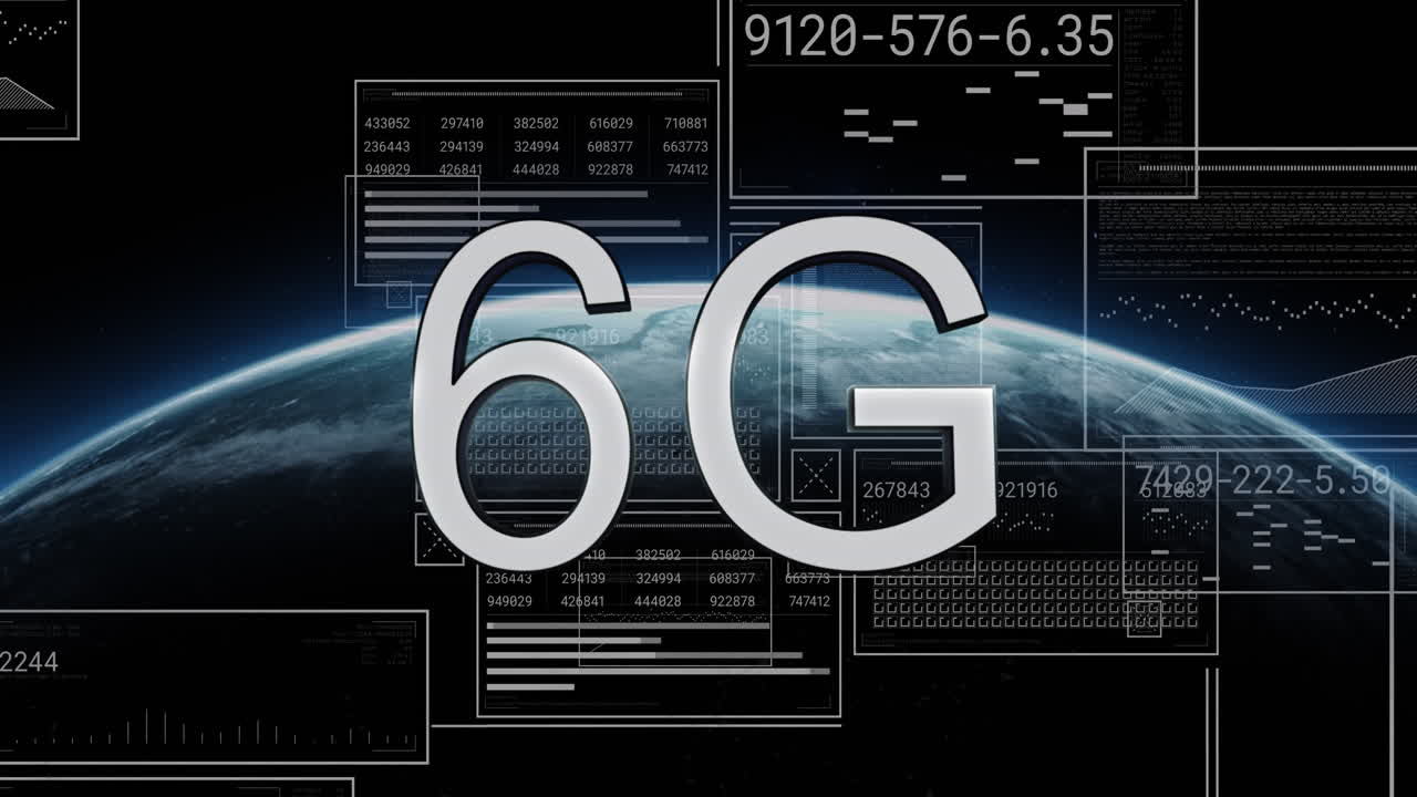 animación de texto 6g, globo y procesamiento de datos por computadora